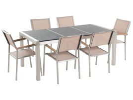 6 Seater Garden Dining Set Black Basalt Top Beige Chairs GROSSETO