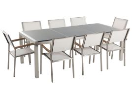 8 Seater Garden Dining Set Grey Granite Top and White Chairs GROSSETO