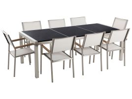 8 Seater Garden Dining Set Black Granite Triple Plate Top and White Chairs GROSSETO