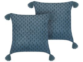 Set of 2 Velvet Cushions Floral Motif with Tassels 45x45cm Dark Blue