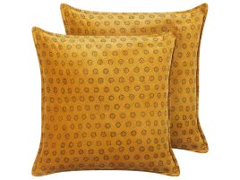 Set of 2 Velvet Cushions Sun Pattern 45x45cm Yellow