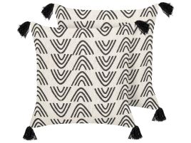 Set of 2 Cotton Cushions Geometric Pattern with Tassels 45x45cm White and Black