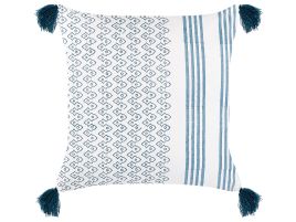 Cotton Cushion Geometric Pattern with Tassels 45x45cm White and Blue
