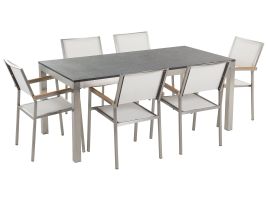 6 Seater Garden Dining Set Black Granite Top with White Chairs GROSSETO