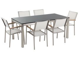 6 Seater Garden Dining Set Flamed Granite Top with White Chairs GROSSETO