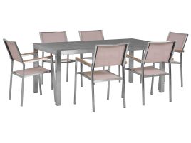 6 Seater Garden Dining Set Grey Granite Top with Beige Chairs GROSSETO