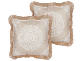 Set of 2 Cushions Boho Motif 45x45cm Beige and White