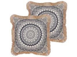Set of 2 Cushions Boho Motif 45x45cm Black and Beige