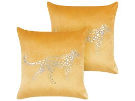 Set of 2 Velvet Cushions Animal Motif 45x45cm Yellow
