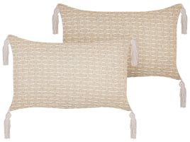 Set of 2 Cushions Geometric Pattern with Tassels 25x45cm Light Beige
