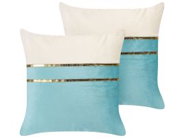 Set of 2 Velvet Cushions 45x45cm Blue and Beige