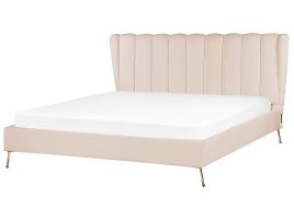 Velvet EU Super King Size Bed with USB Port Beige MIRIBEL