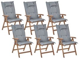 Set of 6 Acacia Wood Garden Folding Chairs Dark Wood with Grey Cushions AMANTEA