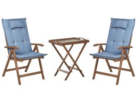 Acacia Wood Bistro Set Dark with Blue Cushions AMANTEA