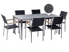 6 Seater Garden Dining Set Black Granite Effect Glass Top with PE Rattan Black Chairs COSOLETO/GROSSETO