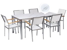 6 Seater Garden Dining Set Marble Effect Glass Top with White Chairs COSOLETO/GROSSETO