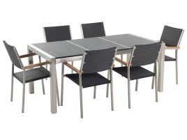 6 Seater Dining Set Black Basalt Top Rattan Chairs GROSSETO