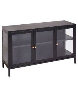 3 Door Metal Sideboard with Glass Display Black NEWPORT
