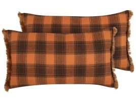 Set of 2 Fringed Cushions Chequered Pattern 40x70cm Orange