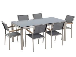 6 Seater Garden Dining Set Black Glass Top with Grey Chairs GROSSETO