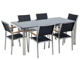6 Seater Garden Dining Set Black Glass Top with Black Chairs GROSSETO