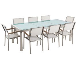 8 Seater Garden Dining Set Cracked Glass Top with White Chairs GROSSETO