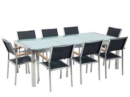 8 Seater Garden Dining Set Cracked Glass Top with Black Chairs GROSSETO