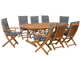 8 Seater Acacia Wood Garden Dining Set Grey Cushions MAUI