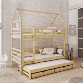 Arthur Calix Bunk Bed with Trundle and Storage in Pine - Foam Mattress