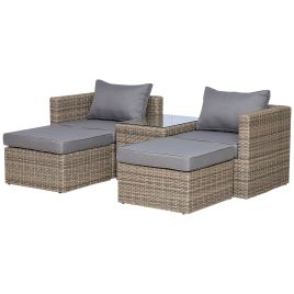 5 Pcs PE Rattan Armchair Footstool Set Tall Glass-Top Table Aluminium Frame - Grey