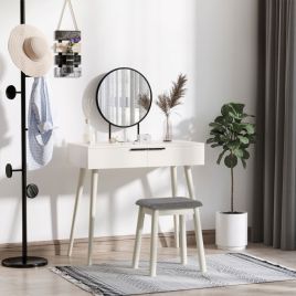 2 Drawers Dressing Table Round Mirror with Cushioned Stool - White