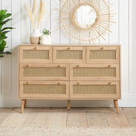 Oak Finish Rattan Chest of Drawers - CARDANO Large Chest 7 Drawers