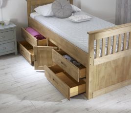 Single Bed - JAPTAIN 3ft Wooden Bed with Storage Drawers Oak Finish