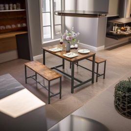 ORIVANE Dining Benches Set of 2 Benches with Wood Tops and Steel Frames - Rustic Brown and Black