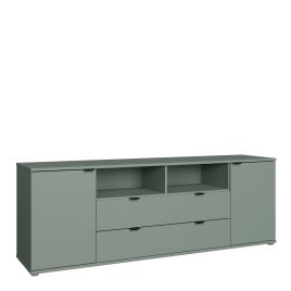 HELION Wide TV Unit Cabinet with Open Shelving, 2 Drawers and 2 Doors - Sage Green