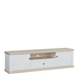 ELMRIDGE Wide TV Unit Cabinet with 2 Doors, Drawer and Open Shelf - White with Riva Oak