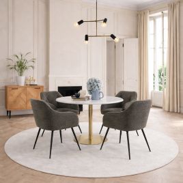 TRENTON Round White Marble Top and Gold Base Dining Table with 4 Brooke Armchairs - Taupe