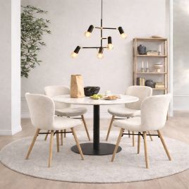 TRENTON Round White Marble Top and Black Base Dining Table with 4 Batilda Chairs - Cream with Oak