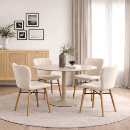 HARVINE Round Dining Table Set with 4 Batilda Dining Chairs - Cream with Oak
