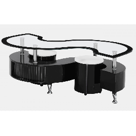 Stoke Black Border Coffee Table with Two Stool Set  SStylish High Gloss Drawer and Glass Top
