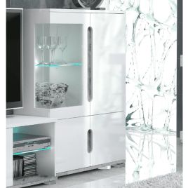Edney High Gloss 4 Door Low Display Cabinet with 1 Glass Door - Grey Concrete with White