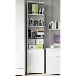 Viktoria Modern Tall Narrow Bookcase with 6 Compartments - Matt White with White Gloss Door