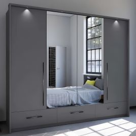 Wardrobe - LINDSEY 4 Door Mirrored Wardrobe Graphite 255cm