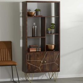 Georgina Abstract Style Gold Frame 2 Door Large Bookcase  - Dark Walnut Finish
