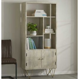 Georgjna Abstract Style Gold Frame 2 Door Large Bookcase  - Light Natural Finish