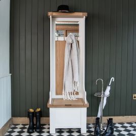 Mirrored Hallway Tidy with Shoe Storage Bench and Oak Top - White