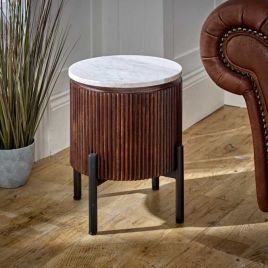Hendry Fluted Style Metal Legs Mango Wood Side Table With White Marble Top