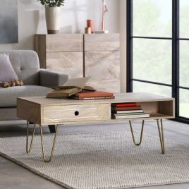 Georgina Abstract Style Gold Frame Rectangular Coffee Table With Drawer - Light Natura Finish