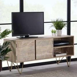 Georgina Abstract Style Gold Frame 2 Door Media TV Unit with 2 Open Shelves - Light Natura Finish
