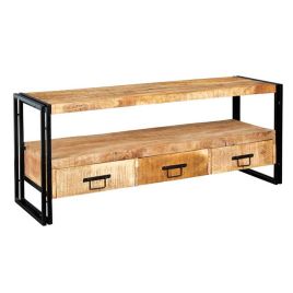 Michelle Industrial Style Large Plasma TV Stand with Natural Hardwood and Iron Edges